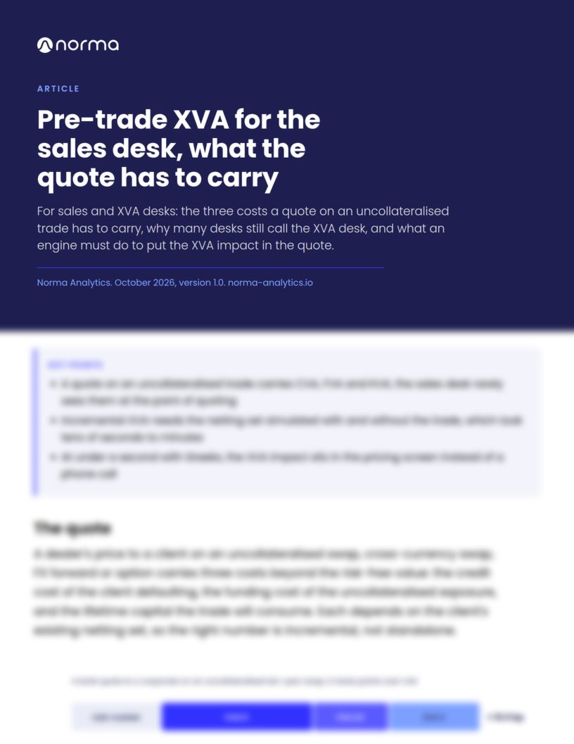 First page of Pre-trade XVA for the sales desk, what the quote has to carry, preview