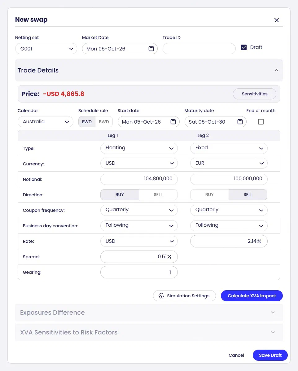 Enter a new swap leg by leg, see its price straight away, and calculate its incremental XVA impact before saving it as a draft or booked trade